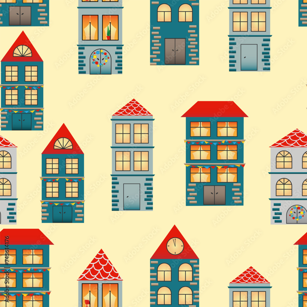 Seamless pattern with hand drawn  city. Many cute different houses with red roof on yellow background. Design for fabric, packaging paper,