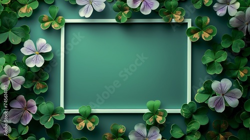 smooth green background With a white frame for inserting text  surrounded by clover leaves  the leaves of good luck. It is said that in 10 000 clover trees  you will find only one with 4 petals.