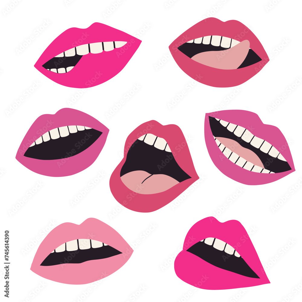 Set of pink lips with different emotions. Mouth with a kiss, smile, tongue and teeth. Sexy lip makeup. Open mouth. Sweet kiss. Set of icons. Set of pink lips with different emotions. Mouth with a kiss, smile, tongue and teeth. Sexy lip makeup. Open mouth. Sweet kiss. Set of icons.