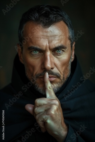 Mysterious Male Priest Gestures Quietly with Finger to Lips