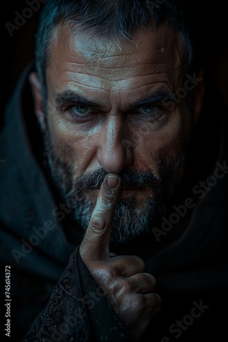 Mysterious Male Priest Gestures Quietly with Finger to Lips © yevgeniya131988
