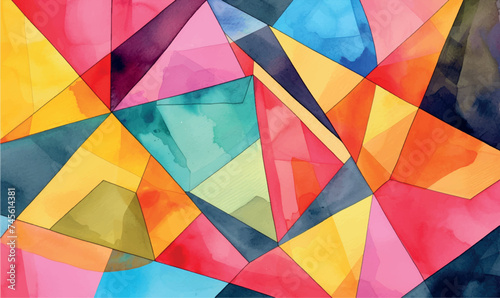 watercolor pattern mixing various bright colors and geometric shapes creates an interesting abstract pattern reminiscent of a kaleidoscope