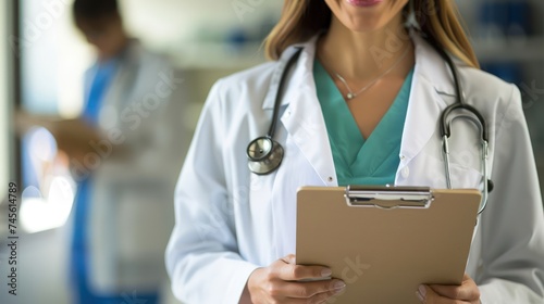 Female doctor with clipboard and stethoscope. Close-up on hands. Healthcare and medical consultation concept. Professional medical staff at work.