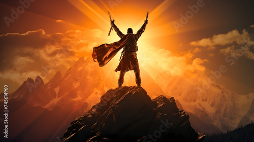 Silhouette of A Victorious Hero On Mountain Top Against Dramatic Sunset