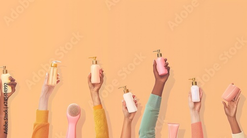 Variety of hands, each holding different styles and colors of soap and lotion dispensers against a solid peach-colored background.