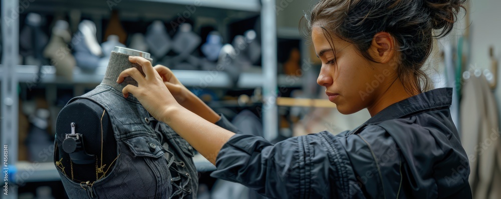 young woman is adjusting a garment on a mannequin in a well-organized fashion design studio