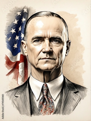 Calvin Coolidge hand drawn sketch portrait on plain white background from Generative AI