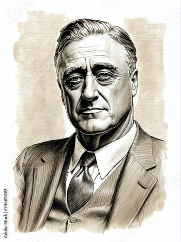Franklin D Roosevelt hand drawn sketch portrait on plain white background from Generative AI photo