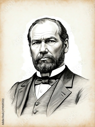 James Garfield hand drawn sketch portrait on plain white background from Generative AI photo