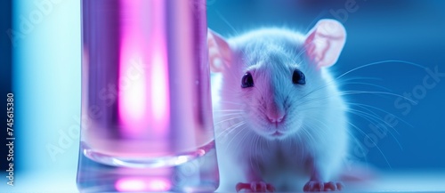 A live white laboratory experimental mouse sits on pills.