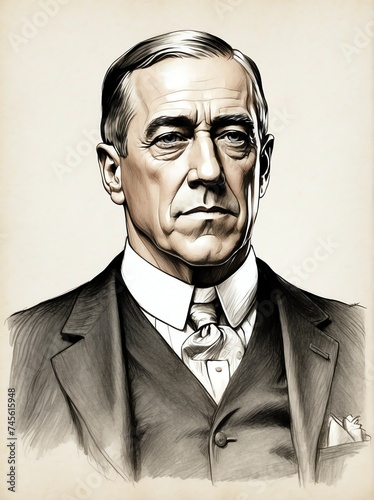 Woodrow Wilson hand drawn sketch portrait on plain white background from Generative AI photo