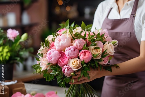 Florist Presents Lush Bouquet of Pink Peonies and Roses. Spring Flowers for Mother's Day, International Women's Day, and Weddings. Soft Background. AI Generative