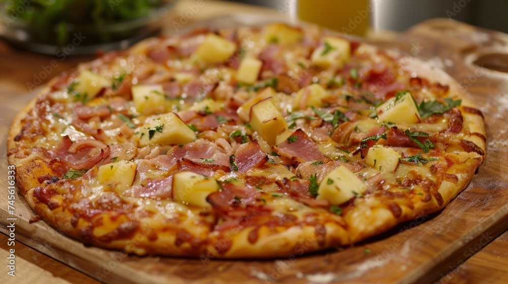 Hawaiian pizza on wooden board. Hawaiian pizza with ham and pineapple. Canadian bacon, cheese, pineapple slices. Close-up. Hawaiian pizza on wooden board. Hawaiian pizza with ham and pineapple. Canadian bacon, cheese, pineapple slices. Close-up.