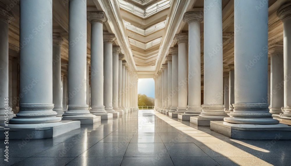 Abstract architecture empty corridor with white columns and sunlight Abstract architecture empty corridor with white columns and sunlight