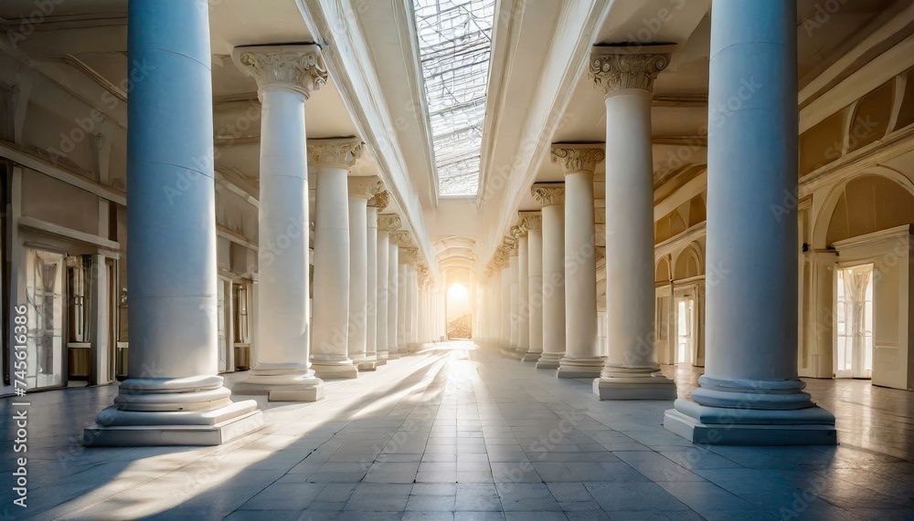 Fototapeta premium Abstract architecture empty corridor with white columns and sunlight