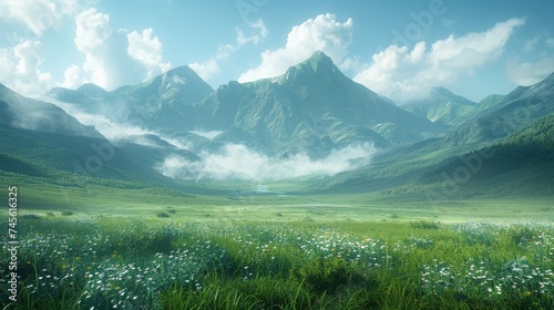 A field of flowers with mountains in the background