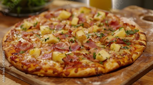 Hawaiian pizza on wooden board. Hawaiian pizza with ham and pineapple. Canadian bacon, cheese, pineapple slices. Close-up. 