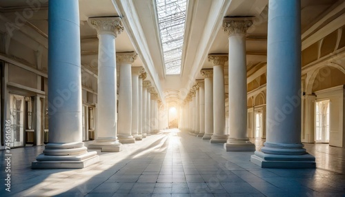Abstract architecture empty corridor with white columns and sunlight