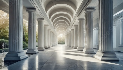 Abstract architecture empty corridor with white columns and sunlight