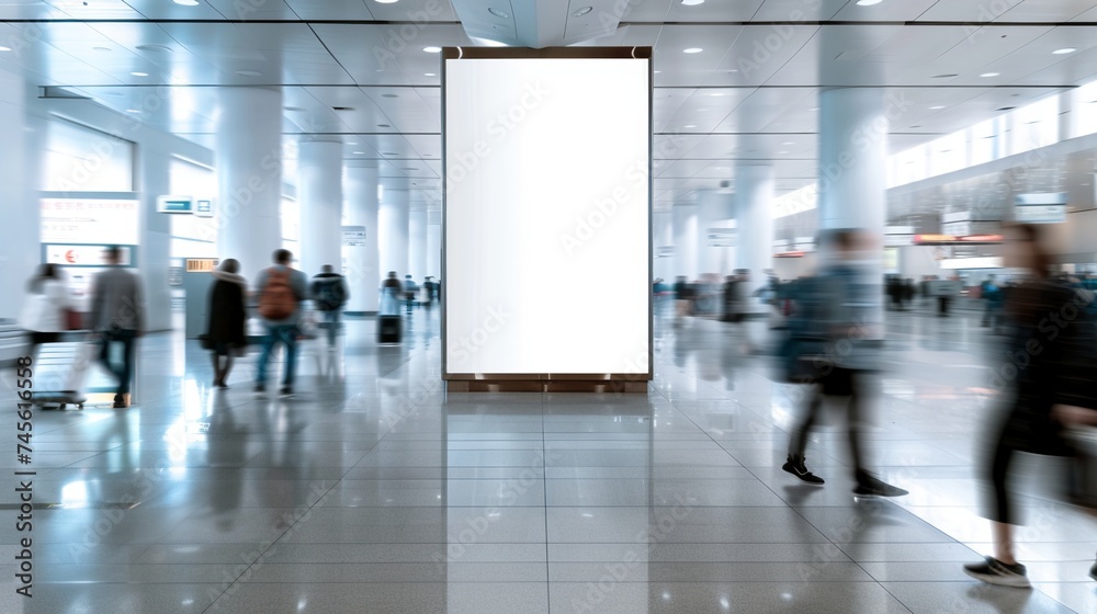 An expansive modern airport terminal with bustling passengers in motion blur An expansive modern airport terminal with bustling passengers in motion blur