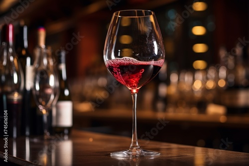 alcohol, bar, glasses, wine, drink, celebration, beverage, liquid, alcoholic, background. close up photo glass wine red. romantic luxury vibe with bokeh light night club background by AI generative.