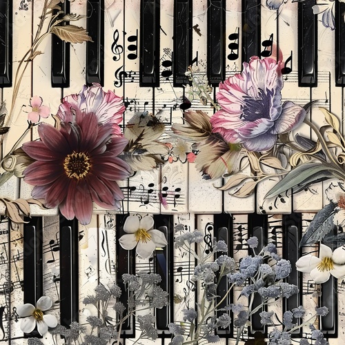 
piano keyboard collage with flowers