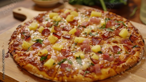 Hawaiian pizza on wooden board. Hawaiian pizza with ham and pineapple. Canadian bacon, cheese, pineapple slices. Close-up. 