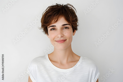 Head shot of beautiful caucasian woman with short haircut, smiling and looking confident, standing in t-shirt on white background photo