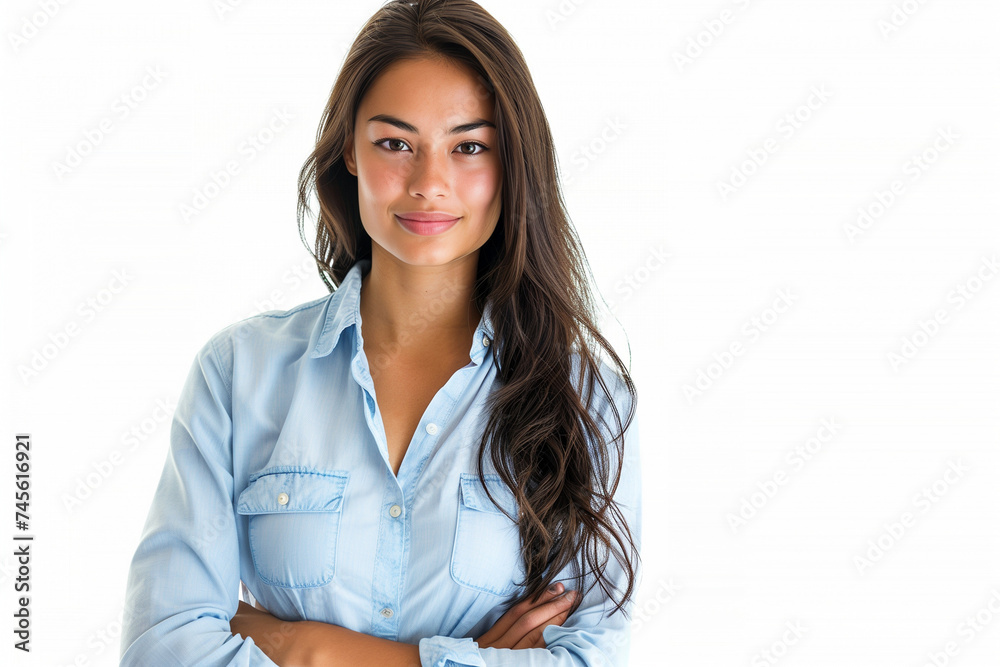 An attractive woman is posing for a picture, wearing a light blue shirt and standing in front of a plain white background. She is of Polynesian descent. An attractive woman is posing for a picture, wearing a light blue shirt and standing in front of a plain white background. She is of Polynesian descent.