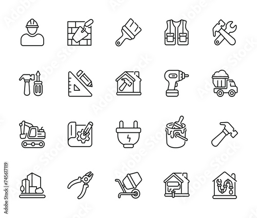 Construction line icon set isolated on transparent background