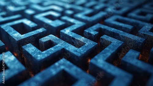 Labyrinthine blue maze, neon glow, 3D puzzle, abstract, intricate paths, concept of challenge, problem-solving, strategic thinking, complex journey, textured walls, illuminated, moody, futuristic