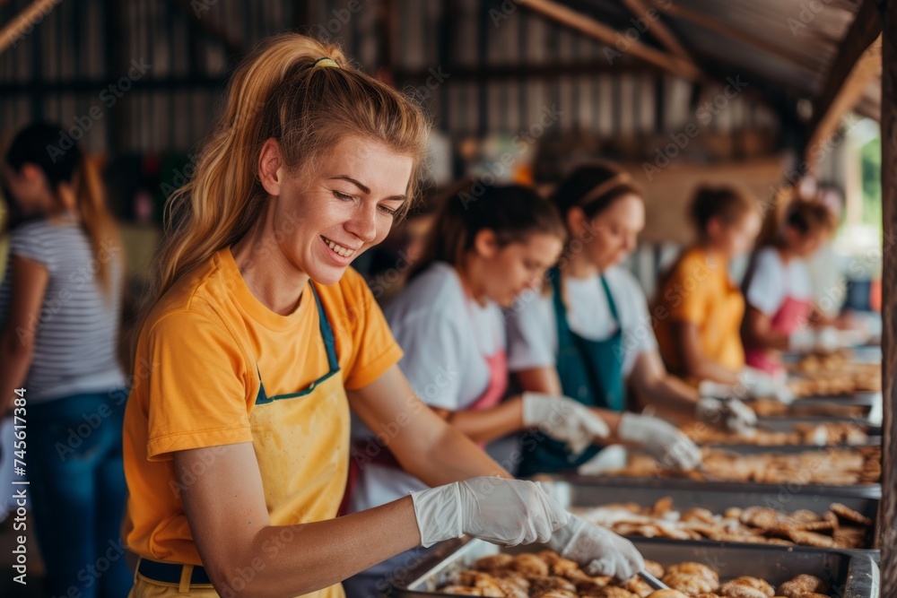 Volunteers packing food for charity in a community service event.