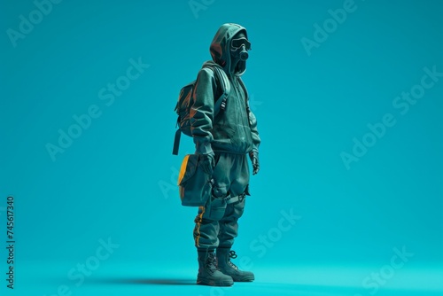 Side view of a person in casual streetwear with a backpack standing against a teal background.