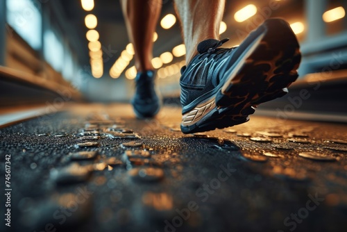 sport, lifestyle, runner, training, jogging, shoe, active, exercise, activity, background. an athlete running on the road in the city at night. close up of his feet running sport, Generative ai.
