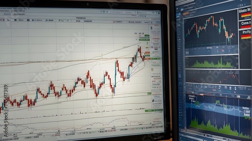 stock market graph Estonia's Tallinn - August 4, 2023 Display featuring the Dow Jones Industrial Average Equity Index Stock Market Candlestick Chart. A monitor with stock exchange software. 30 Well-Kn photo