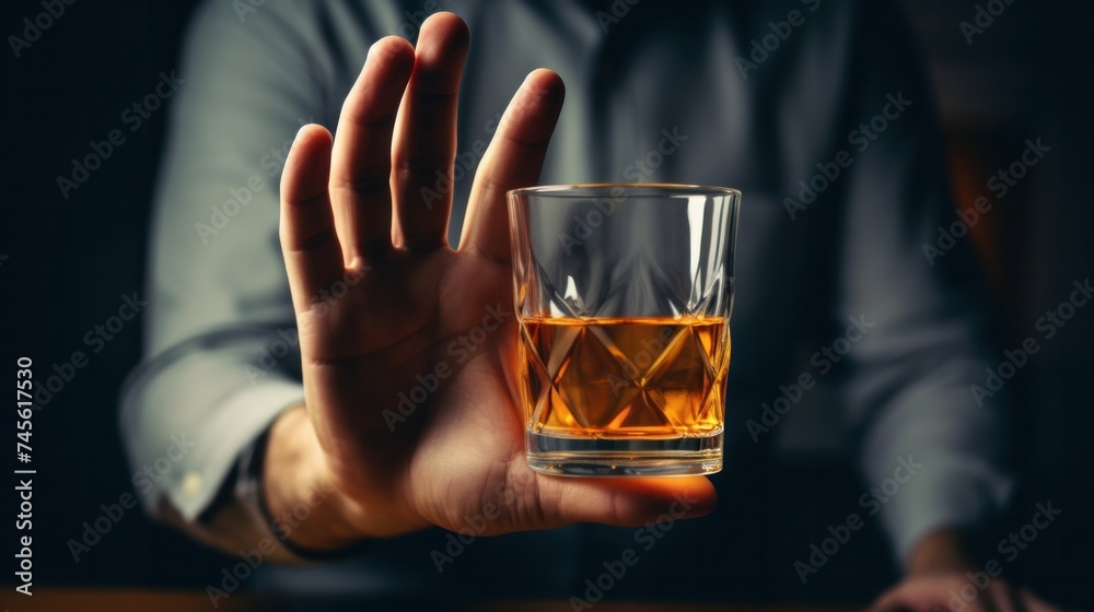 man refuses say no and avoid to drink an alcohol whiskey , stopping hand sign male, alcoholism treatment, alcohol addiction, quit booze, Stop Drinking Alcohol. Refuse Glass liquor, unhealthy, reject man refuses say no and avoid to drink an alcohol whiskey , stopping hand sign male, alcoholism treatment, alcohol addiction, quit booze, Stop Drinking Alcohol. Refuse Glass liquor, unhealthy, reject