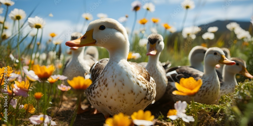 Ducks flocking to a colorful meadow surrounded by vibrant wildflowers. Concept Nature Photography, Wildlife, Wildflowers, Ducks Wildlife, Meadow Landscape Ducks flocking to a colorful meadow surrounded by vibrant wildflowers. Concept Nature Photography, Wildlife, Wildflowers, Ducks Wildlife, Meadow Landscape