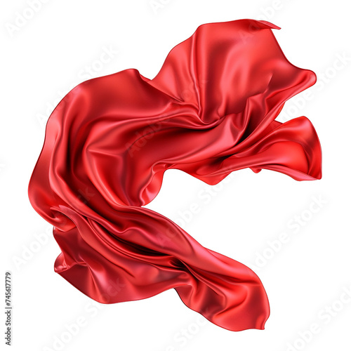 Flying red silk fabric. Waving satin cloth isolated transparent background