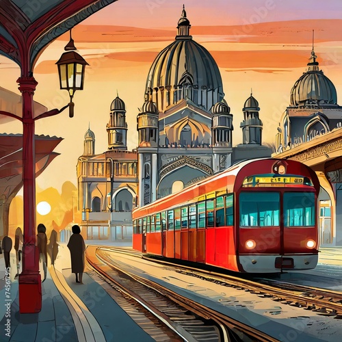 Illustration of Mumbai trainstation during sunset with a red train photo