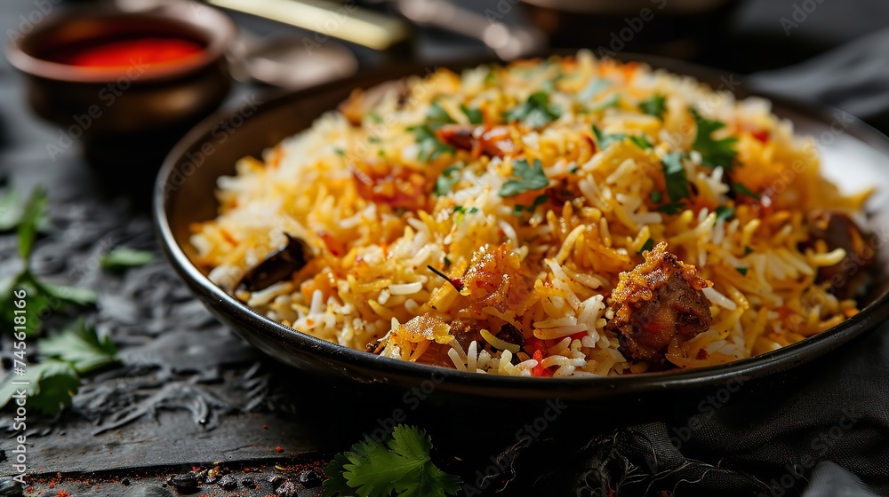 Biryani Rice in Plate on Black Background 8K