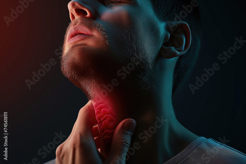 Man holding his throat in discomfort, a relevant image for healthcare materials, symptoms of throat diseases, and medical diagnostics. High quality illustration © Infusorian