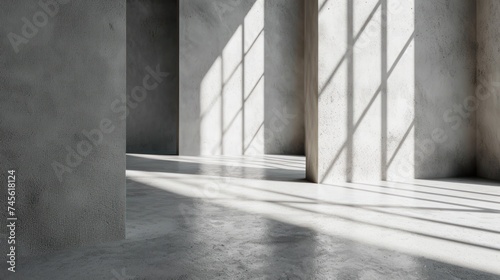 abstract. minimalistic background for product presentation. walls in large empty room. can full of sunlight. Loft wall or minimalist wall. Shadow, light from windows to plaster wall.