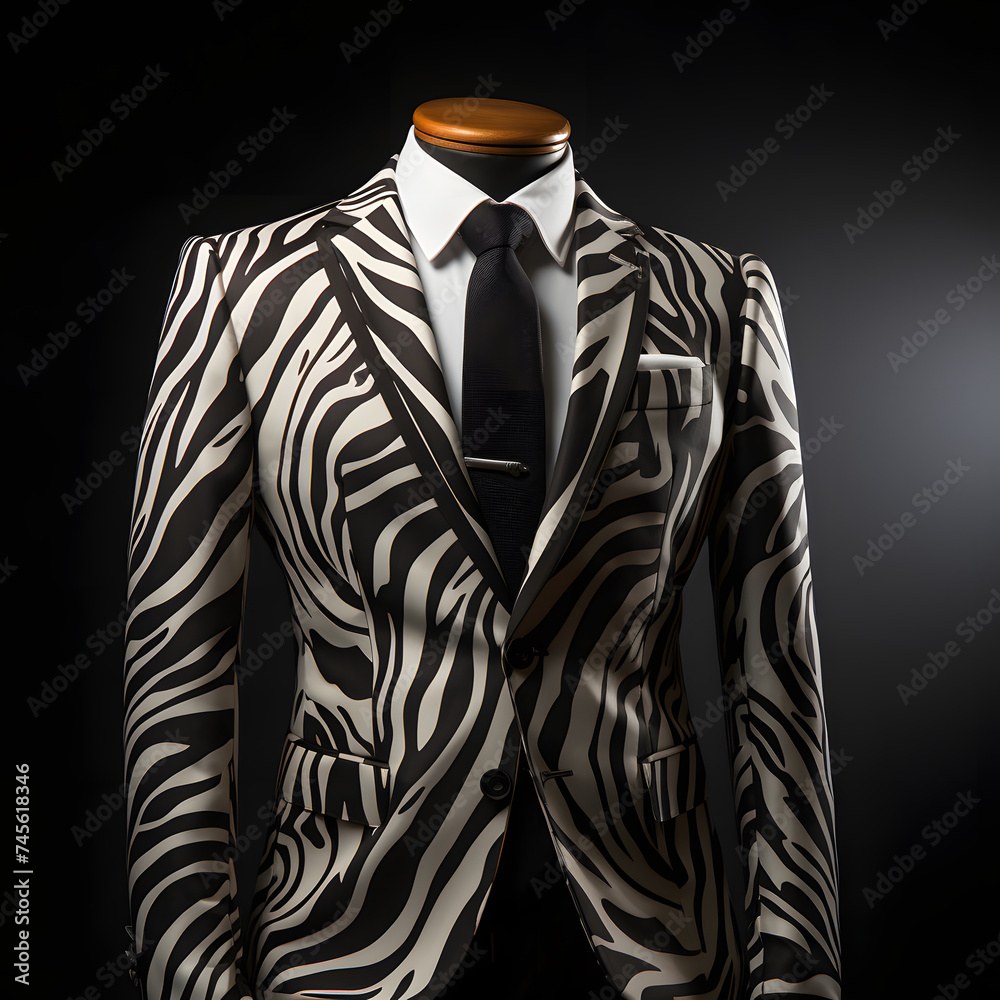 Men's Formal Suit with Zebra Pattern. Black and White Striped Business Suit Men's Formal Suit with Zebra Pattern. Black and White Striped Business Suit