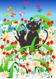 spring composition with cats sitting among flowers 