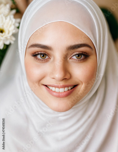 Close-up portrait of smiling white Muslim woman wearing an elegant white hijab