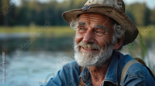 Smiling Old Man Relaxing by the Tranquil Lake