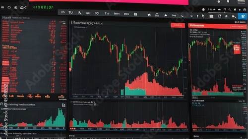 market graph Estonia's Tallinn - August 4, 2023 Display featuring the Dow Jones Industrial Average Equity Index Stock Market Candlestick Chart. A monitor with stock exchange software. 30 Well-Known US photo