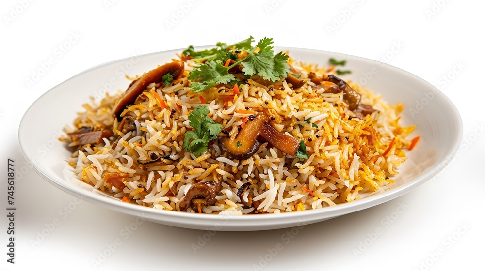 Biryani Rice with Mushrooms Isolated on White Background Biryani Rice with Mushrooms Isolated on White Background