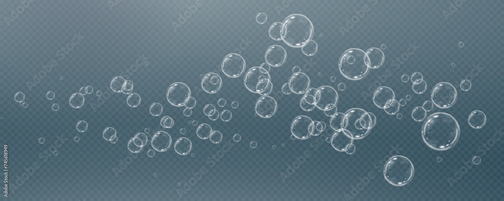 Realistic soap vector bubbles png isolated on transparent background. The effect of falling and flying bubbles. Glass bubble effect.	
