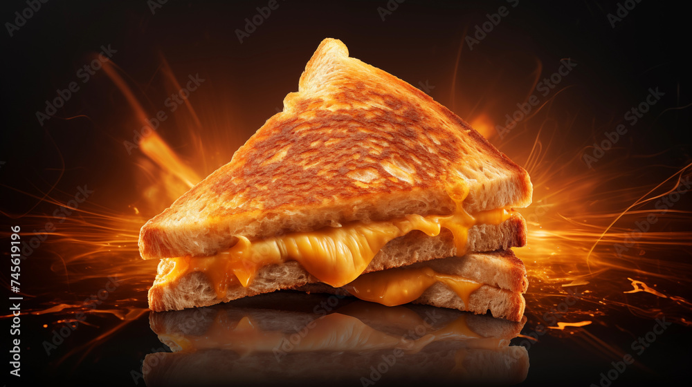 Grilled cheese sandwich with a fiery background, perfect for use in advertisements emphasizing quick, hot meals or for creative visuals in a cooking show. High quality illustration